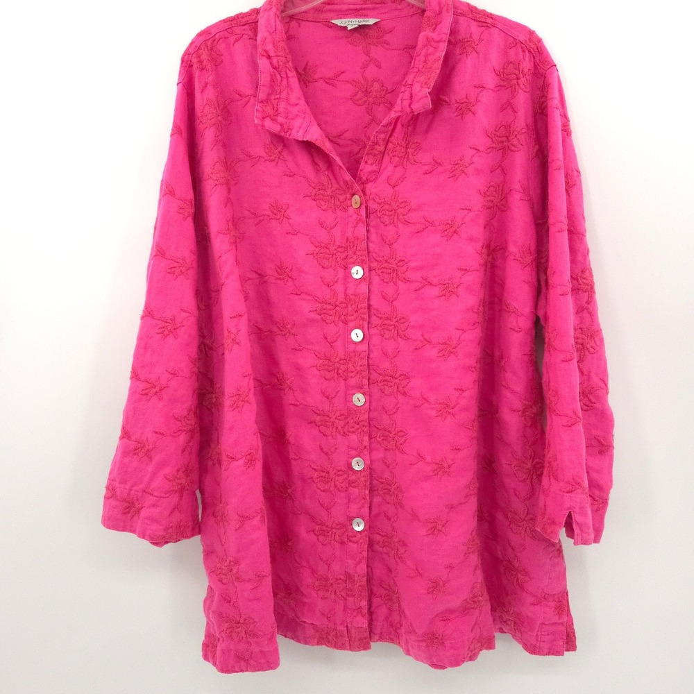 John Mark Embroidered Linen Button Down Shirt Womens 2X Pink Floral Long Sleeve